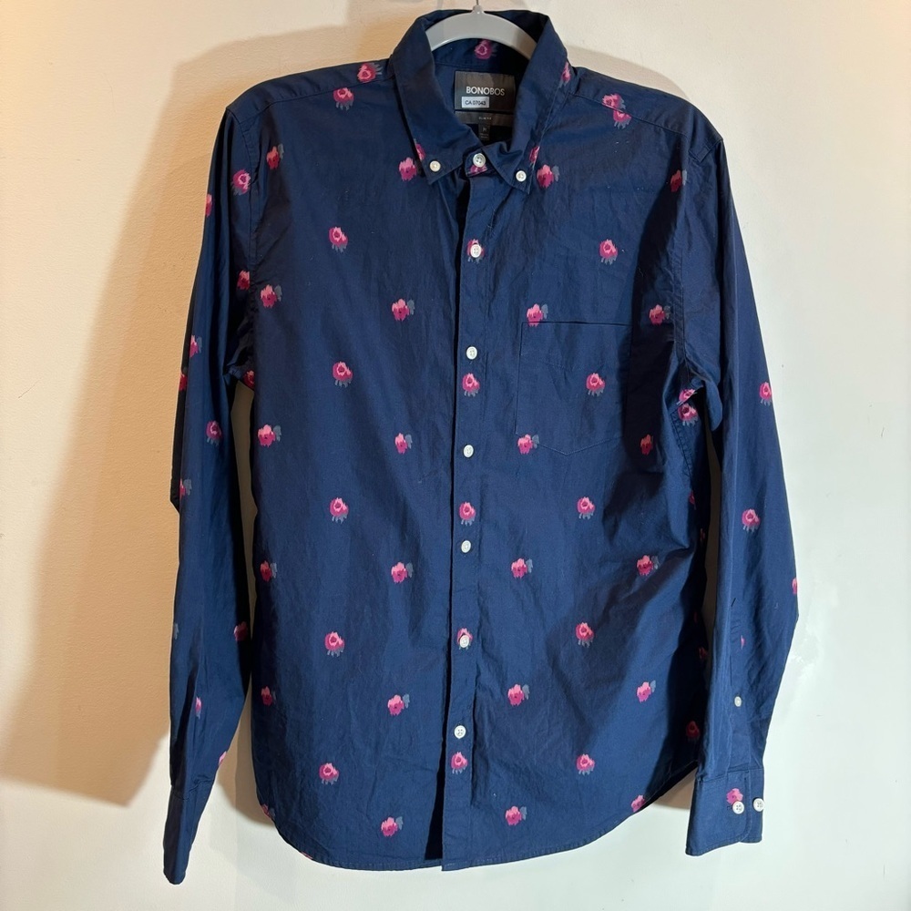 BONOBOS Sz M Button Shirt Slim Fit Abstract Rose Design Long Sleeve 100% Cotton